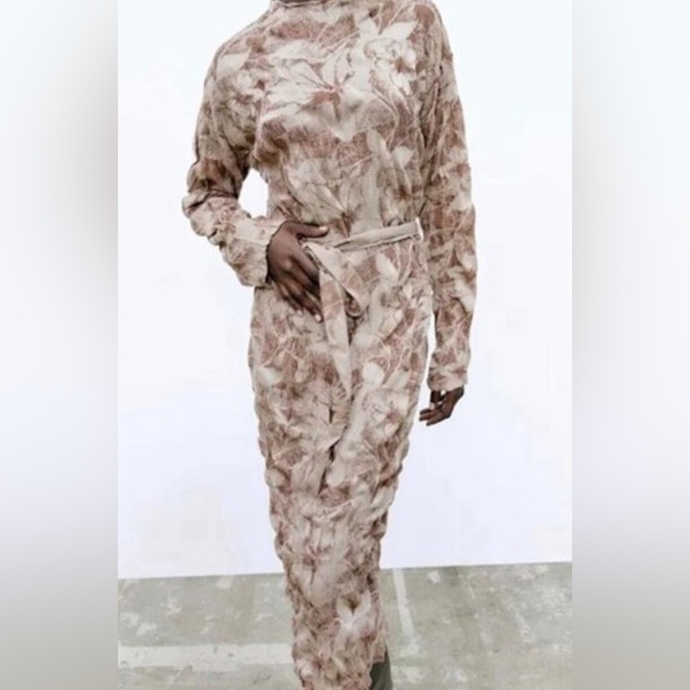 Zara Jacquard Midi Tie Waist Crinkle Detail Dress Brown Full sleeves high neck M - Picture 4 of 17